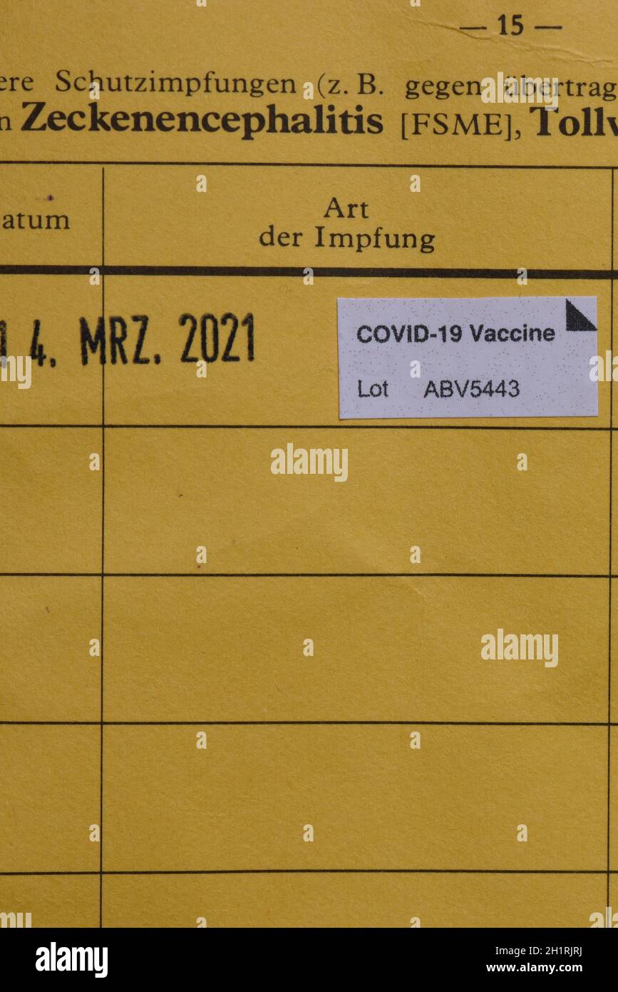 Vaccination certificate vaccine label portrait format Stock Photo