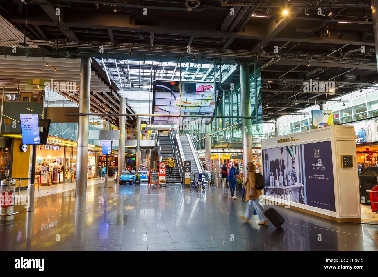Amsterdam, Netherlands - May 21, 2021: Amsterdam Schiphol Airport Terminal in the Netherlands. Stock Photo