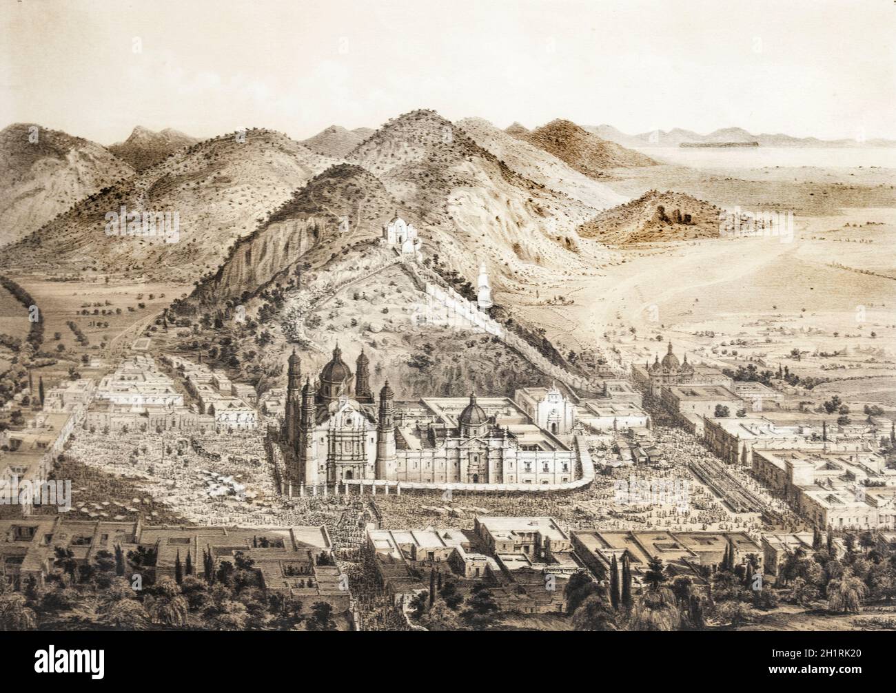 General view of the Villa de Guadalupe taken from a balloon. 18th century engraving. Unknown artist Stock Photo