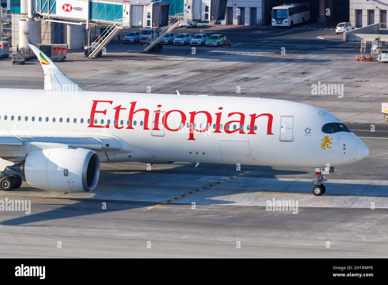 Dubai, United Arab Emirates - May 27, 2021: Ethiopian Airlines Airbus A350-900 airplane at Dubai airport (DXB) in the United Arab Emirates. Stock Photo