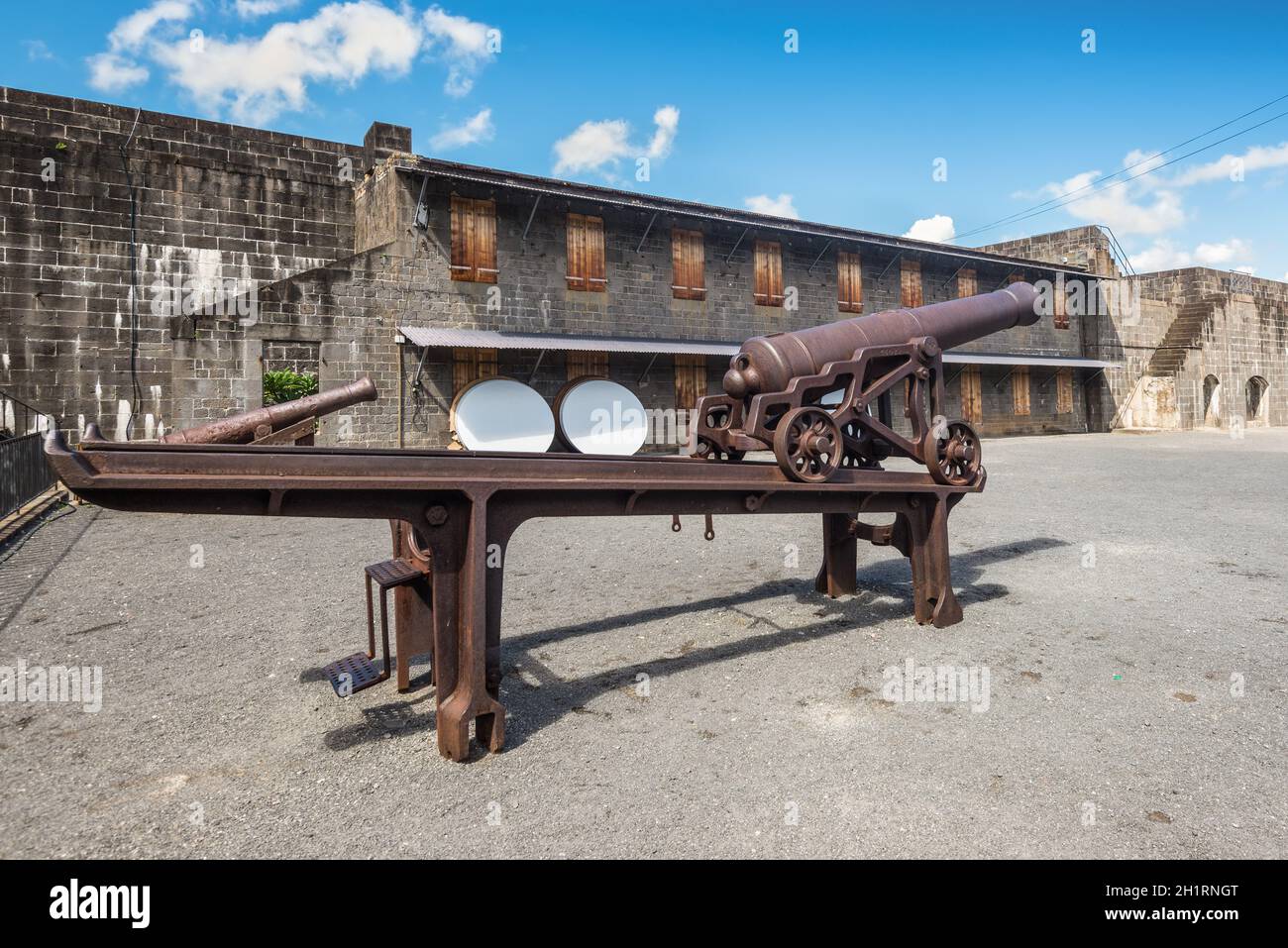 Port Louis, Mauritius - December 25, 2015: Old rusty cannon in the Fort Adelaide in Port Louis, Mauritius. The fortress dates back from the French col Stock Photo