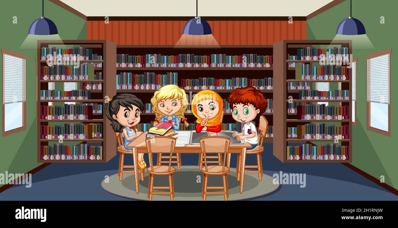School library interior with children group illustration Stock Vector ...