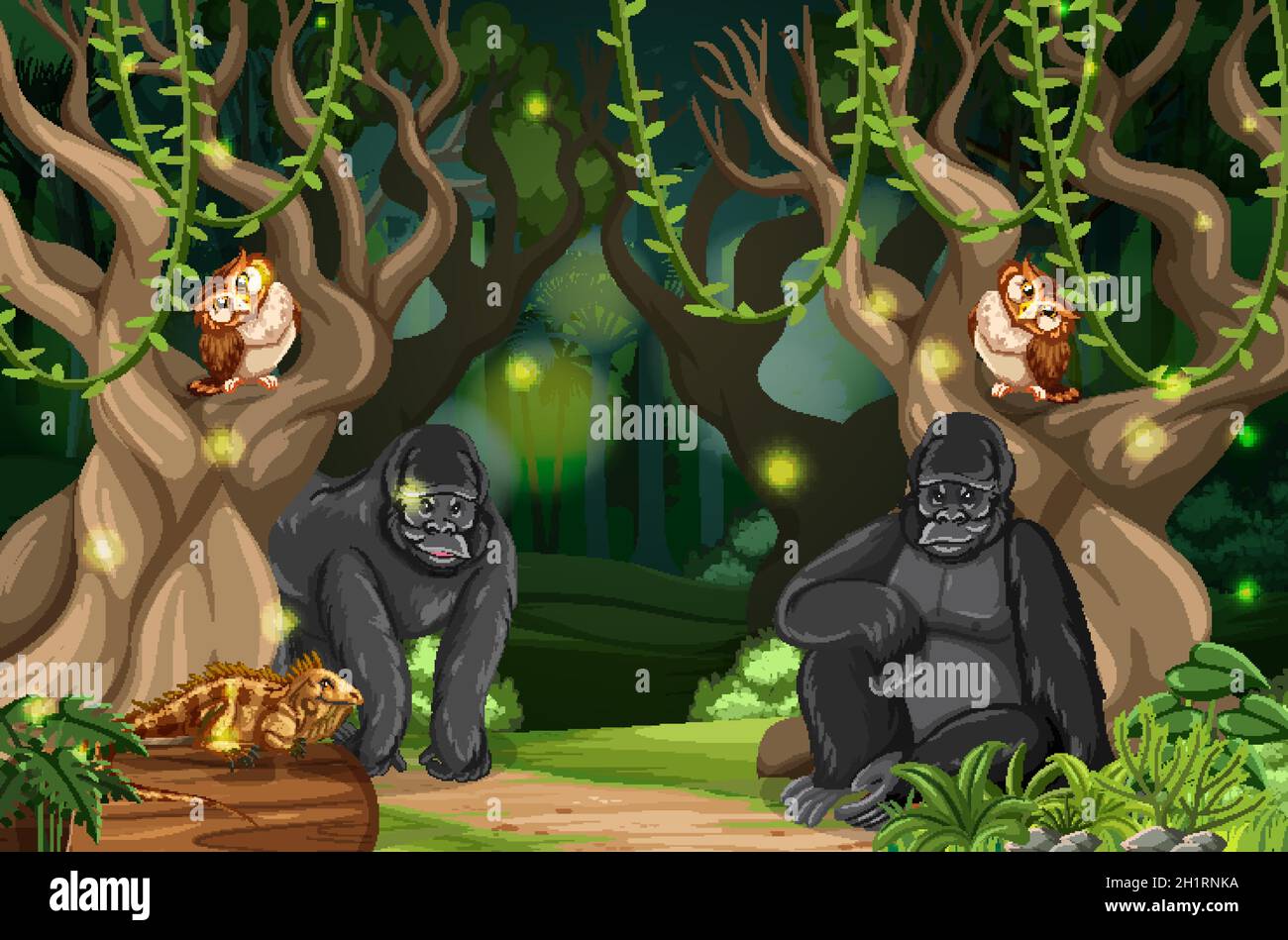 Wild animals in forest landscape background illustration Stock Vector ...