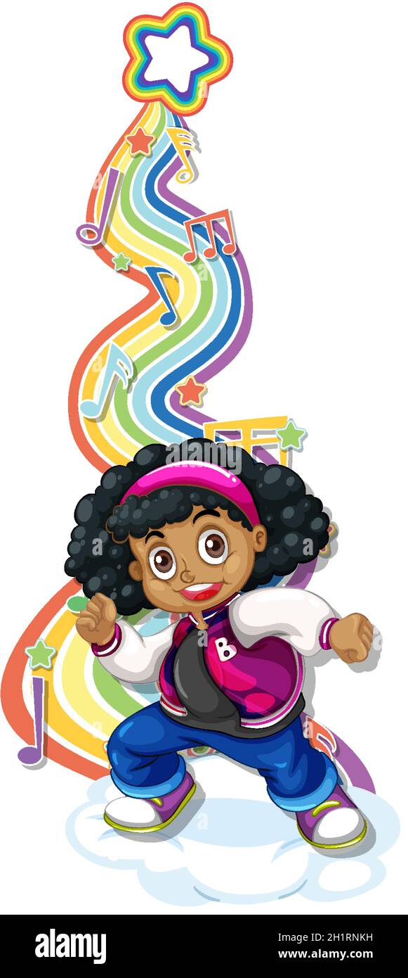 Girl with melody symbols on rainbow wave illustration Stock Vector ...