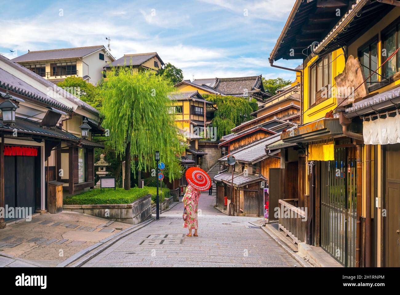 Japanese Girl In Yukata With Red Umbrella In Old Town Kyoto Japan Stock Photo Alamy
