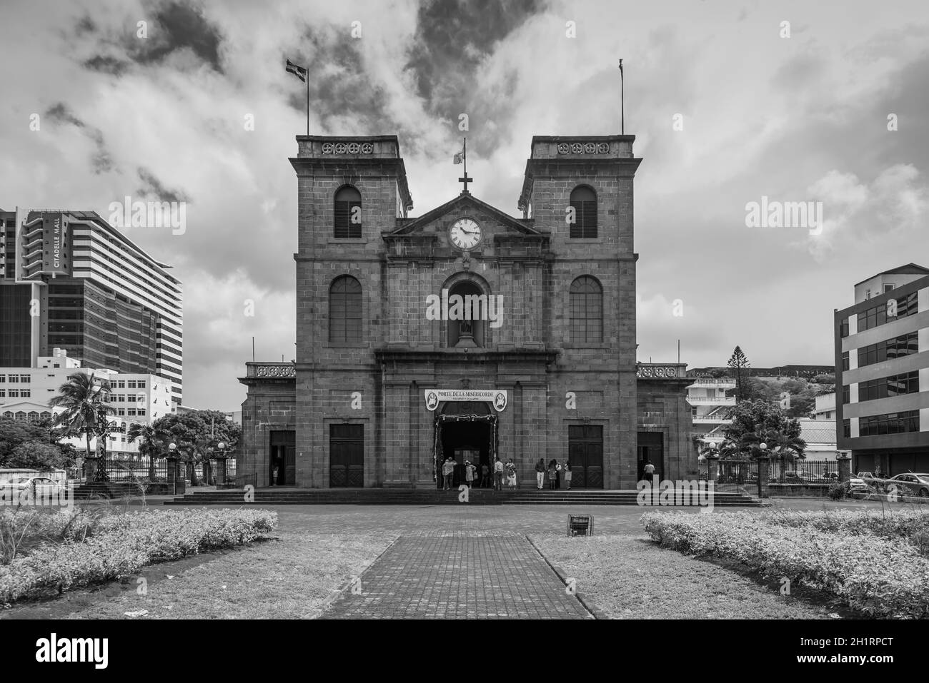 Port Louis, Mauritius - December 25, 2015: Exterior of the church of Immaculate Conception (Cathedral of St. Louis) in Port Louis, Mauritius. Black an Stock Photo
