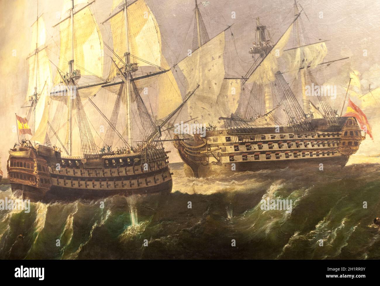 Battle of Cape St. Vincent. Ship Pelayo aids the ship Santisima Trinidad. Painted by Antonio Brugada in 1858. Museo Naval. Madrid. Spanish ships detai Stock Photo