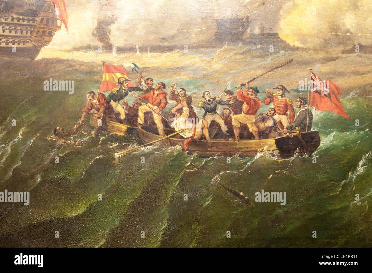 Battle of Cape St. Vincent. Crew of 2 boarded ships are engaged in a bloody battle detail. Painted by Antonio Brugada in 1858. Museo Naval. Madrid Stock Photo