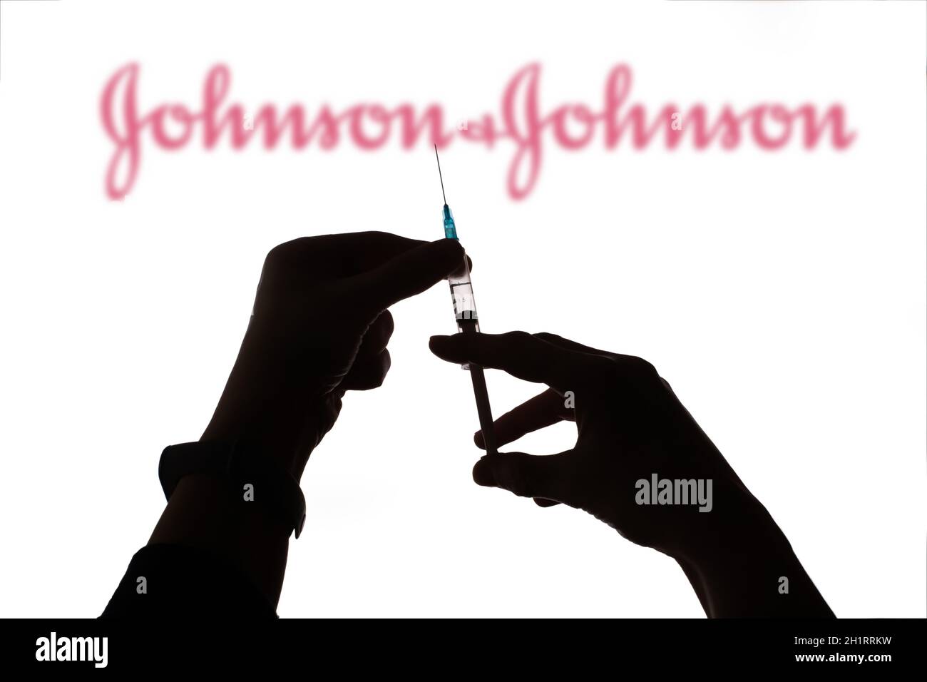 Cluj-Napoca, Romania - March 15, 2021:  New coronavirus vaccine Johnson and Johnson  concept, blurred Johnson and Johnson logo on the background. Covi Stock Photo