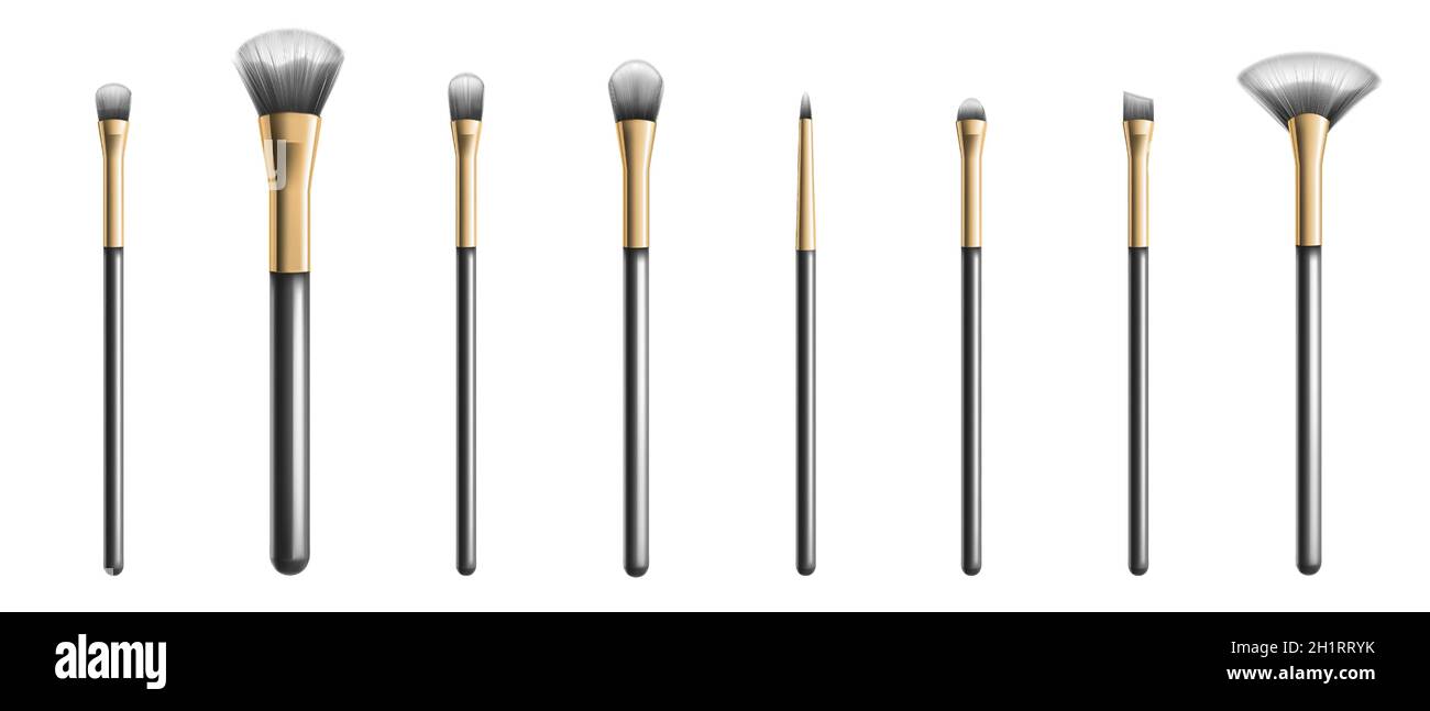 Makeup brushes different shapes, professional cosmetic tools. Vector  realistic set of 3d make up brushes for blush, eyeshadow, foundation and  concealer. Black beauty tassels for visage Stock Vector Image & Art -
