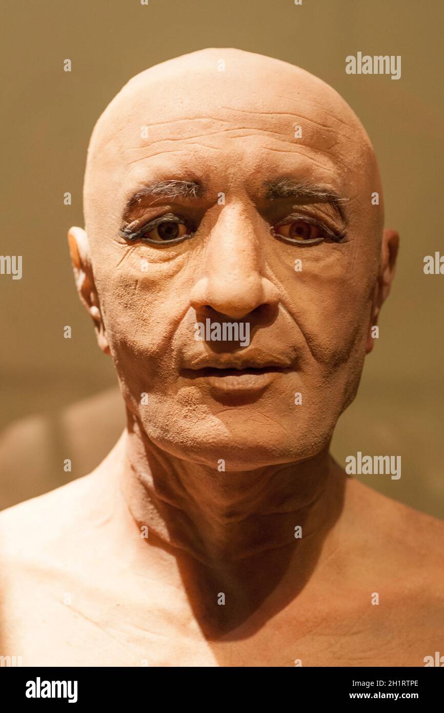 Madrid, Spain - March 6th 2021: Facial reconstruction of the Nespamedu mummy. Platinum silicone. Author Juan Villa Herrero, 2016 Stock Photo