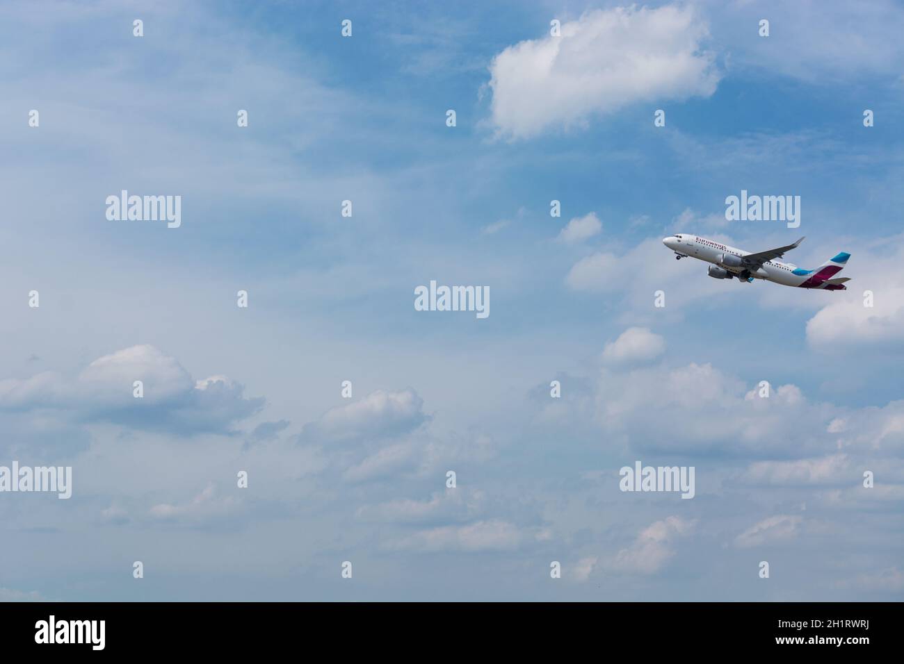 DUSSELDORF, NRW, GERMANY - JUNE 18, 2019: Eurowing plane takes off from Dusseldorf International Airport Stock Photo