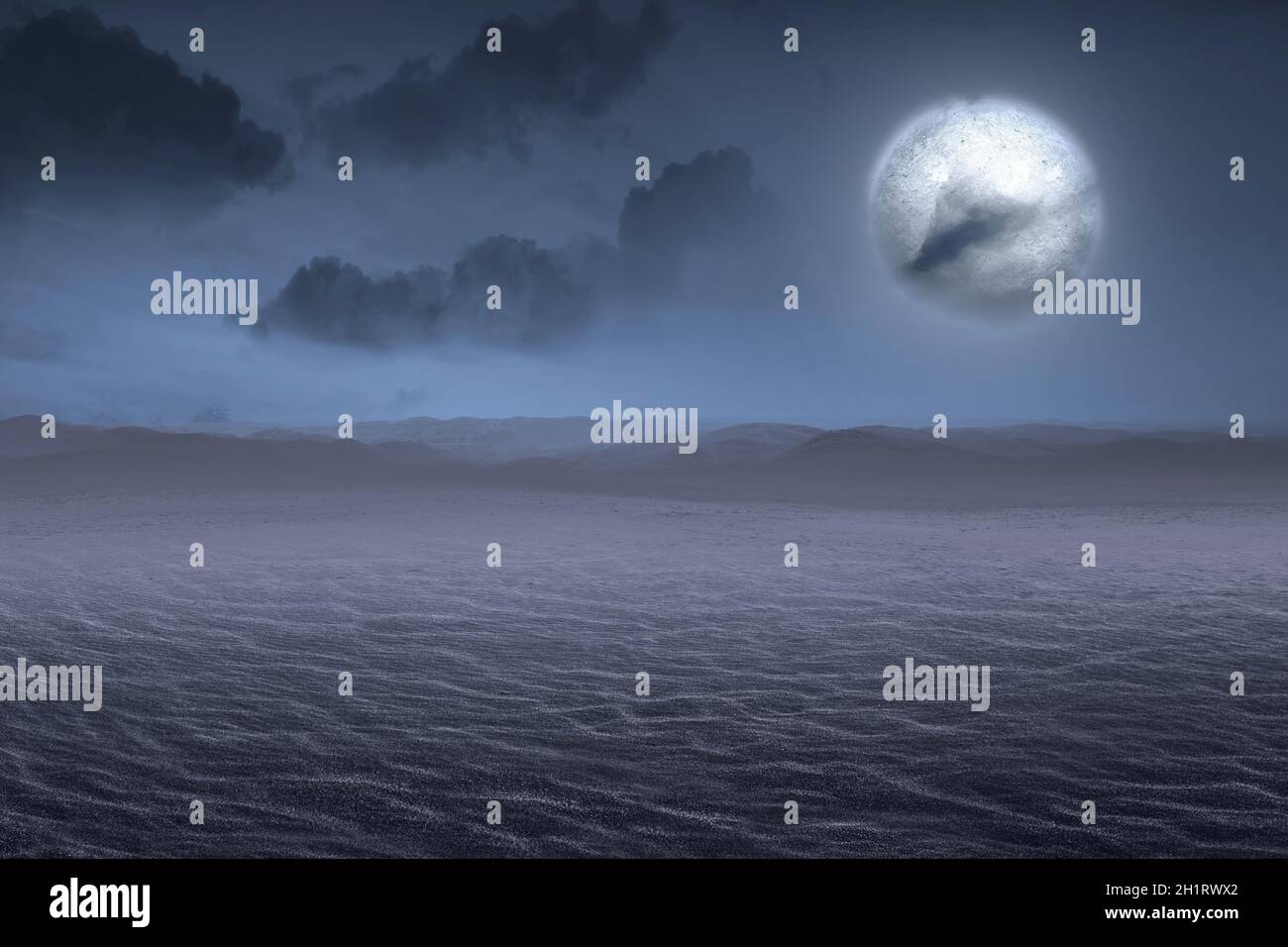 Desert with a full moon with the night scene background Stock Photo - Alamy