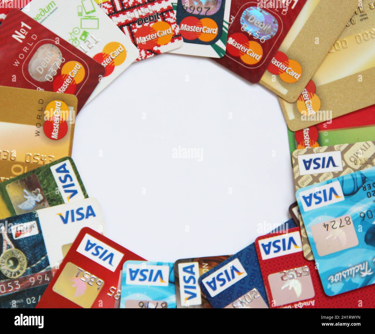 credit cards with VISA and Mastercard brand logo. Close up of many VISA ...