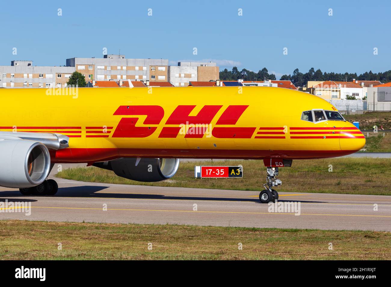 Porto, Portugal - September 21, 2021: DHL European Air Transport EAT Boeing 757-200SF airplane at Porto airport (OPO) in Portugal. Stock Photo