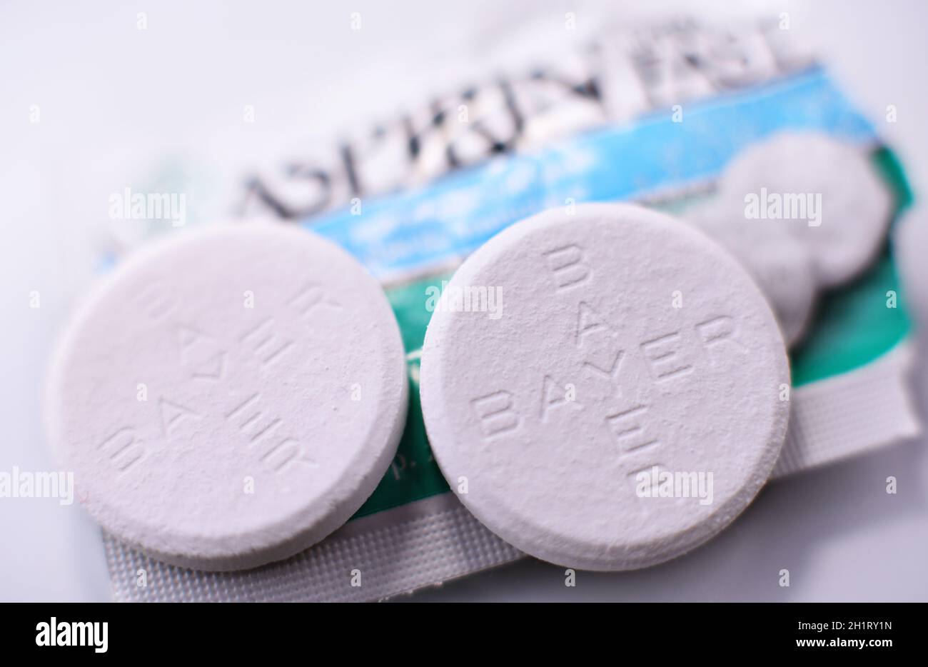 POZNAN, POL FEB 17, 2021 Aspirin pills, a brand of popular