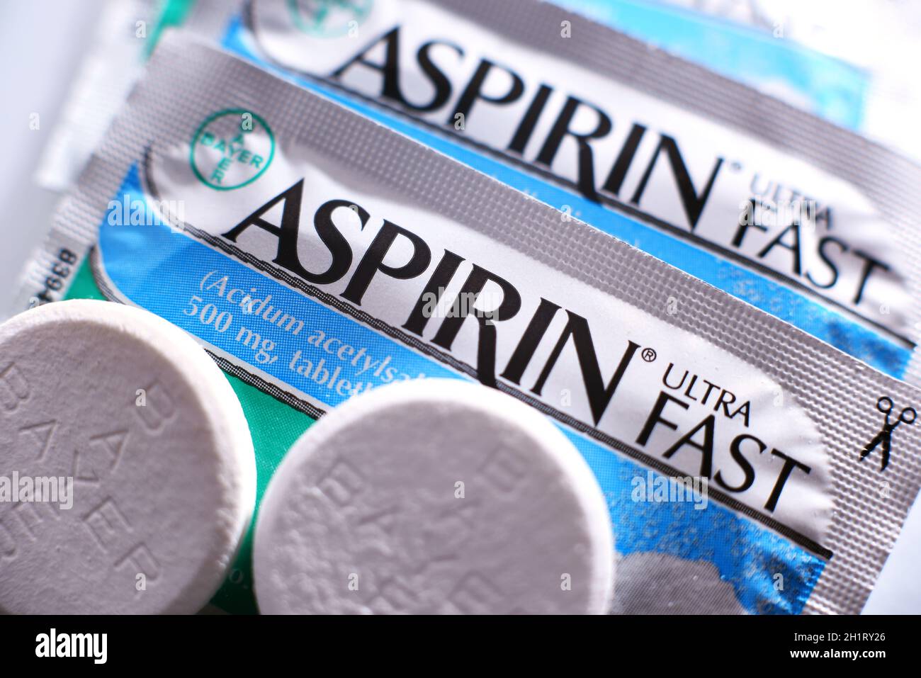 POZNAN, POL FEB 17, 2021 Aspirin pills, a brand of popular