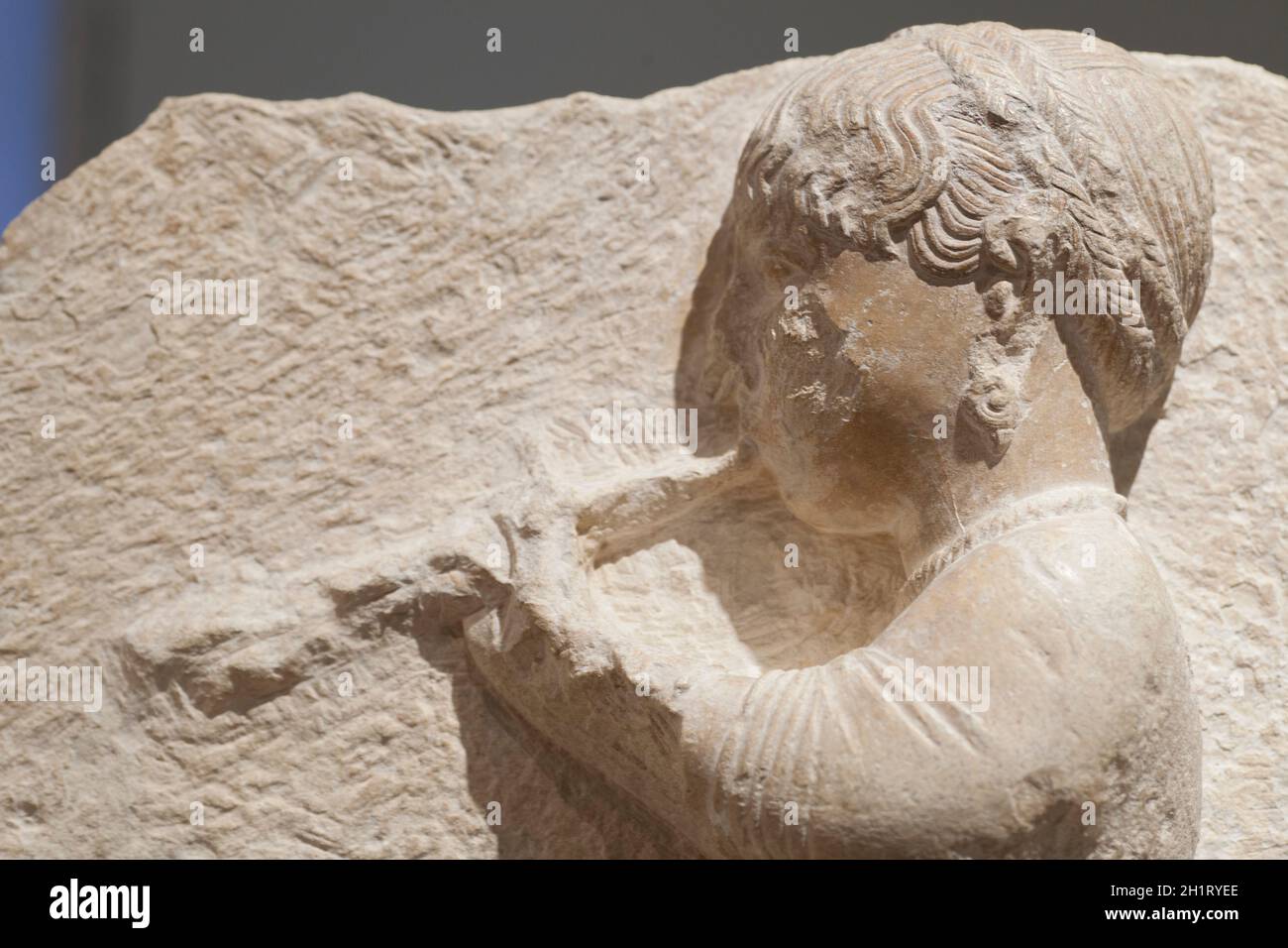 Madrid, Spain - March 6th 2021: The flute player woman from Osuna. Iberian culture high relief. MAN, Madrid Stock Photo