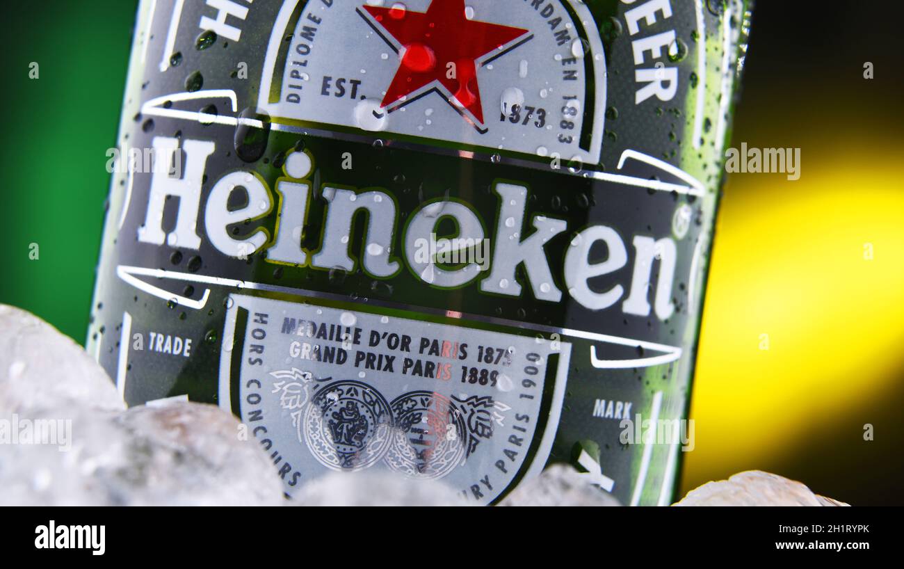 POZNAN, POL - FEB 18, 2021: Bottle of Heineken Lager Beer, the flagship product of Heineken International which owns over 125 breweries in more than 7 Stock Photo