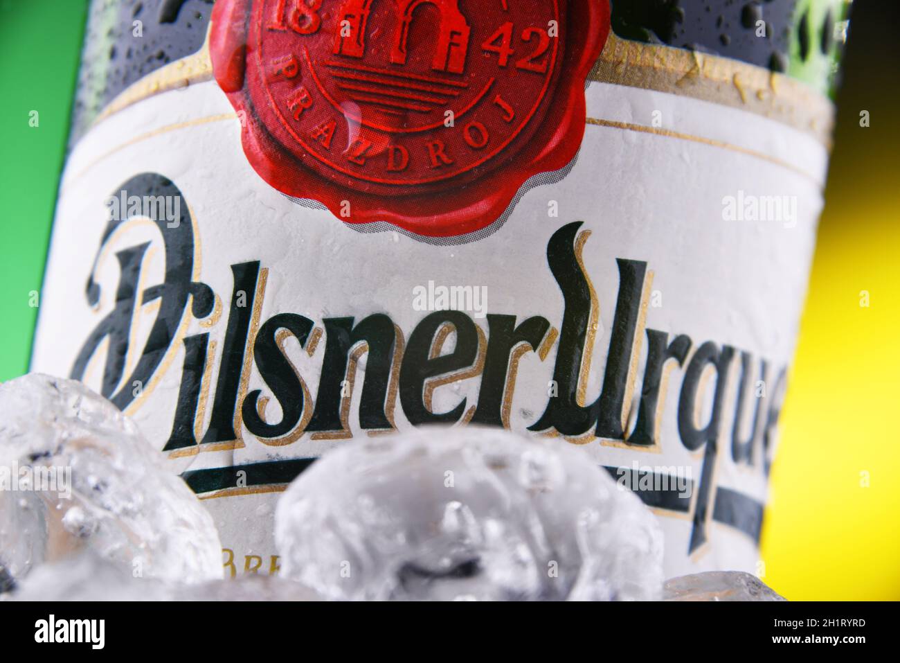 POZNAN, POL - FEB 18, 2021: Bottle of Plzensky Prazdroj, the first pilsner beer in the world, known better by its German name Pilsner Urquell Stock Photo