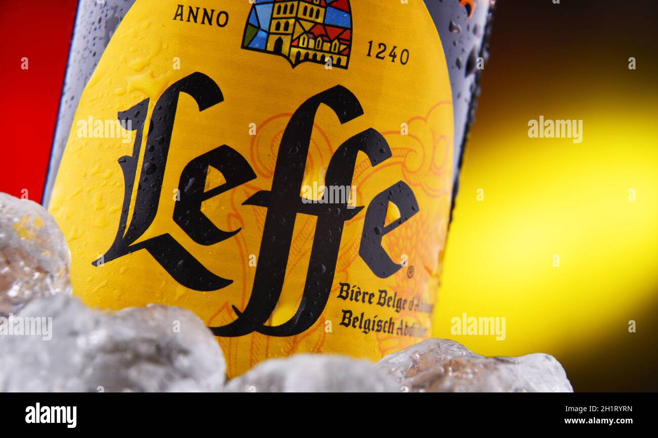 POZNAN, POL FEB 18, 2021 Bottle of Leffe, a brand of beer owned by