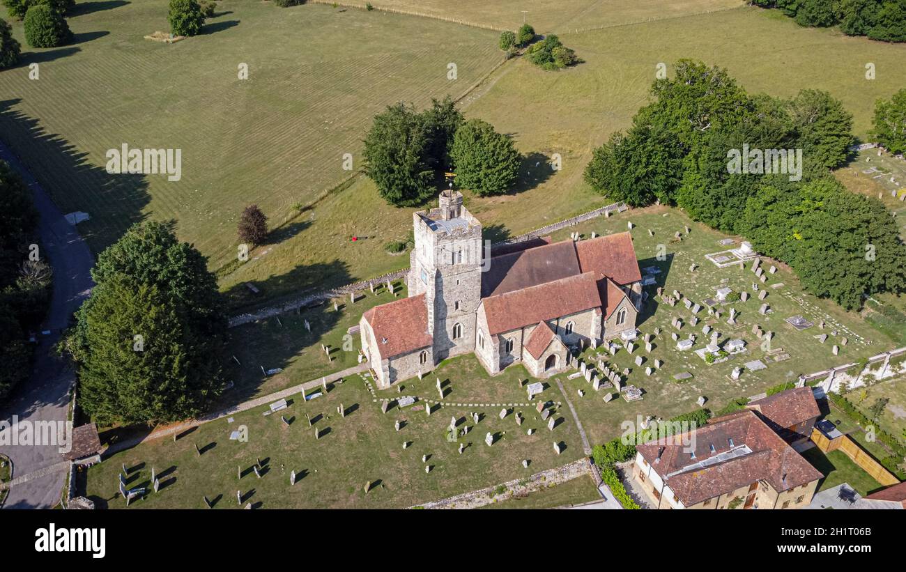 Aerial view of St Mary's and All Saints church in the village of Boxley