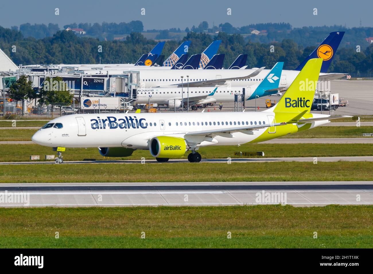 Munich, Germany - September 9, 2021: Air Baltic Airbus A220-300 airplane at Munich airport (MUC) in Germany. Stock Photo