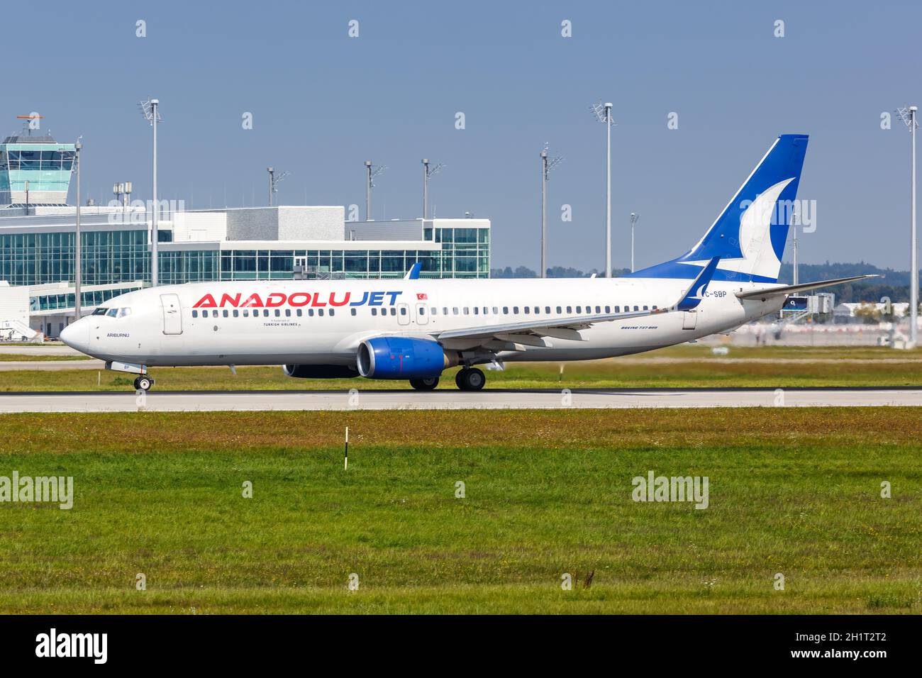 Munich, Germany - September 9, 2021: AnadoluJet Boeing 737-800 airplane at Munich airport (MUC) in Germany. Stock Photo