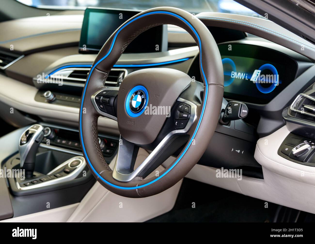 LONDON, UK CIRCA JUNE 2014 BMW i8 dashboard. The BMW i8 is a plugin hybrid sports car Stock