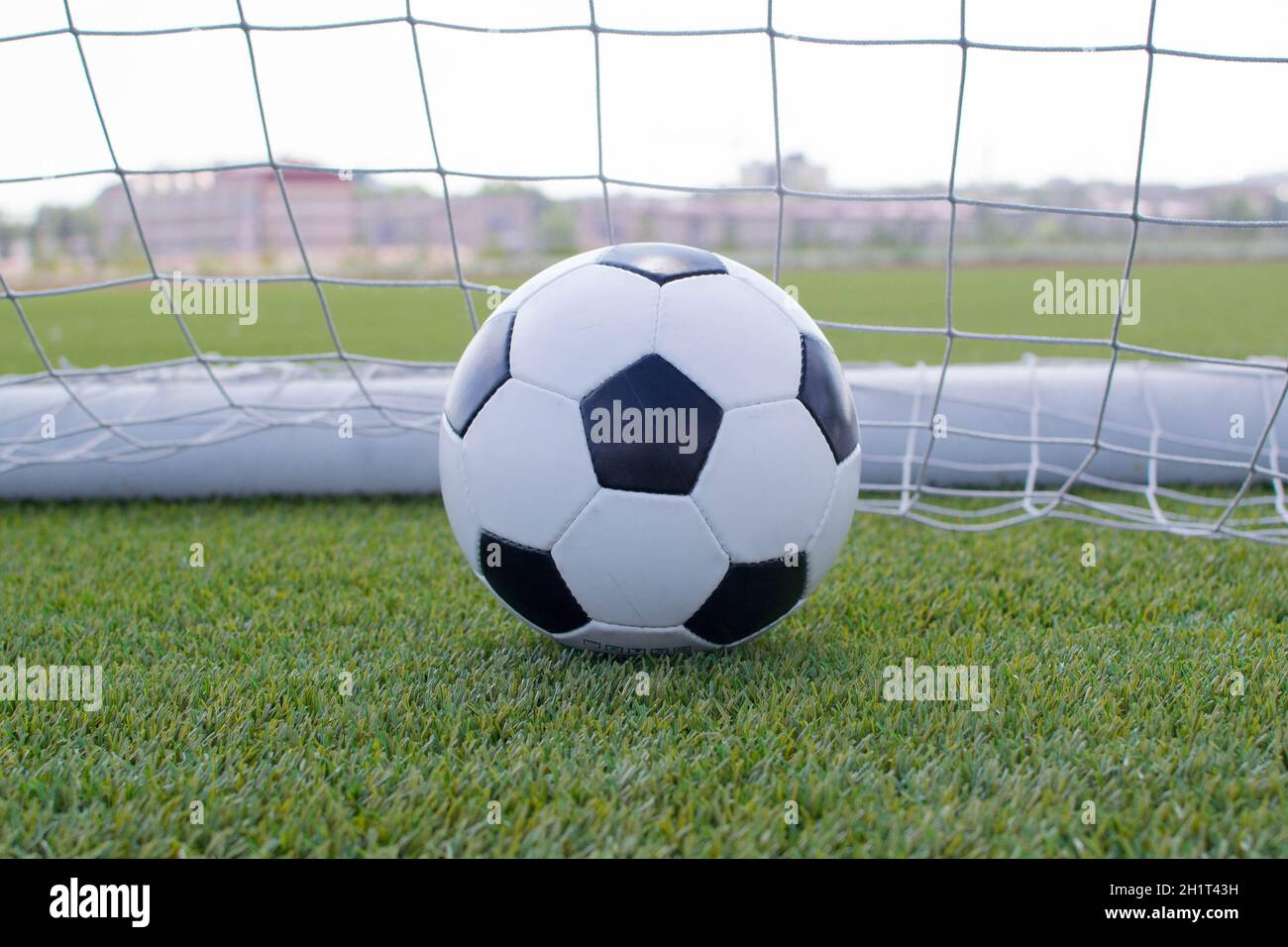 Soccer ball in the net on the lawn Stock Photo Alamy