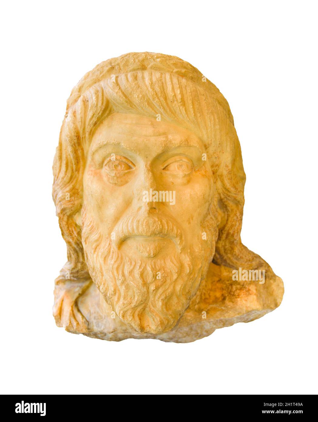 Front view ancient greek head sculpture isolated on white background