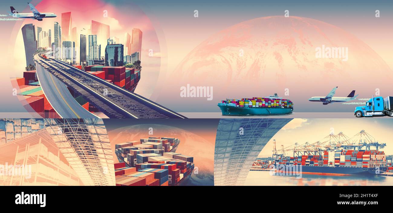 Industrial container cargo freight ship for import or export in port. Abstract design background, trucks and transport. Highway and delivering. Collag Stock Photo