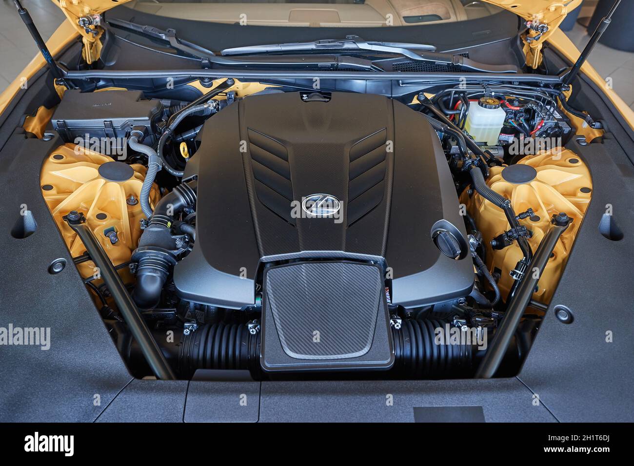 BUDAPEST, HUNGARY - CIRCA 2020: Engine bay of a Lexus LC 500 convertible sports coupe with a naturally aspirated V8 engine producing 471 horsepower Stock Photo