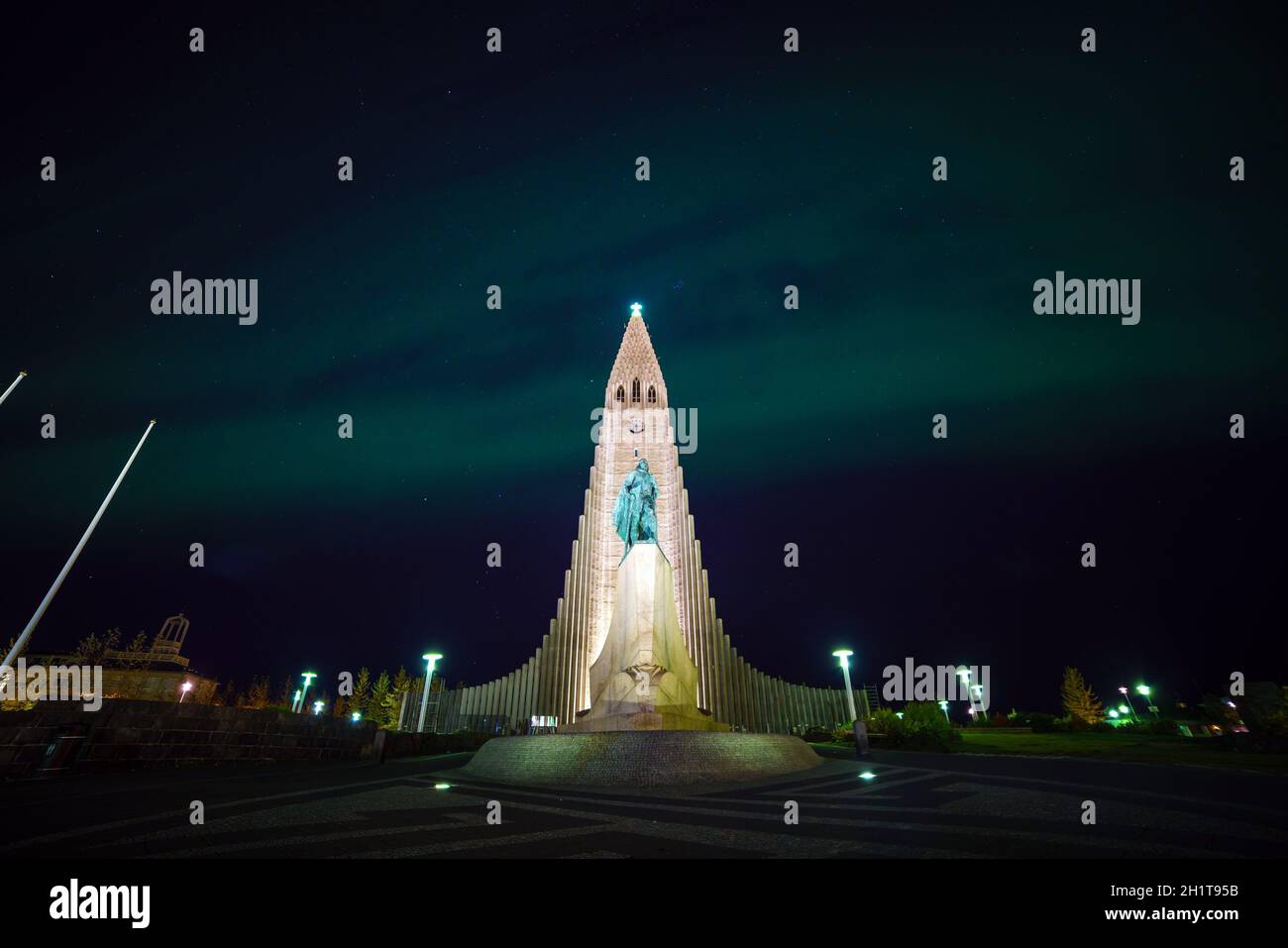 Northern lights shining over the church in Reykjavik Iceland Stock Photo