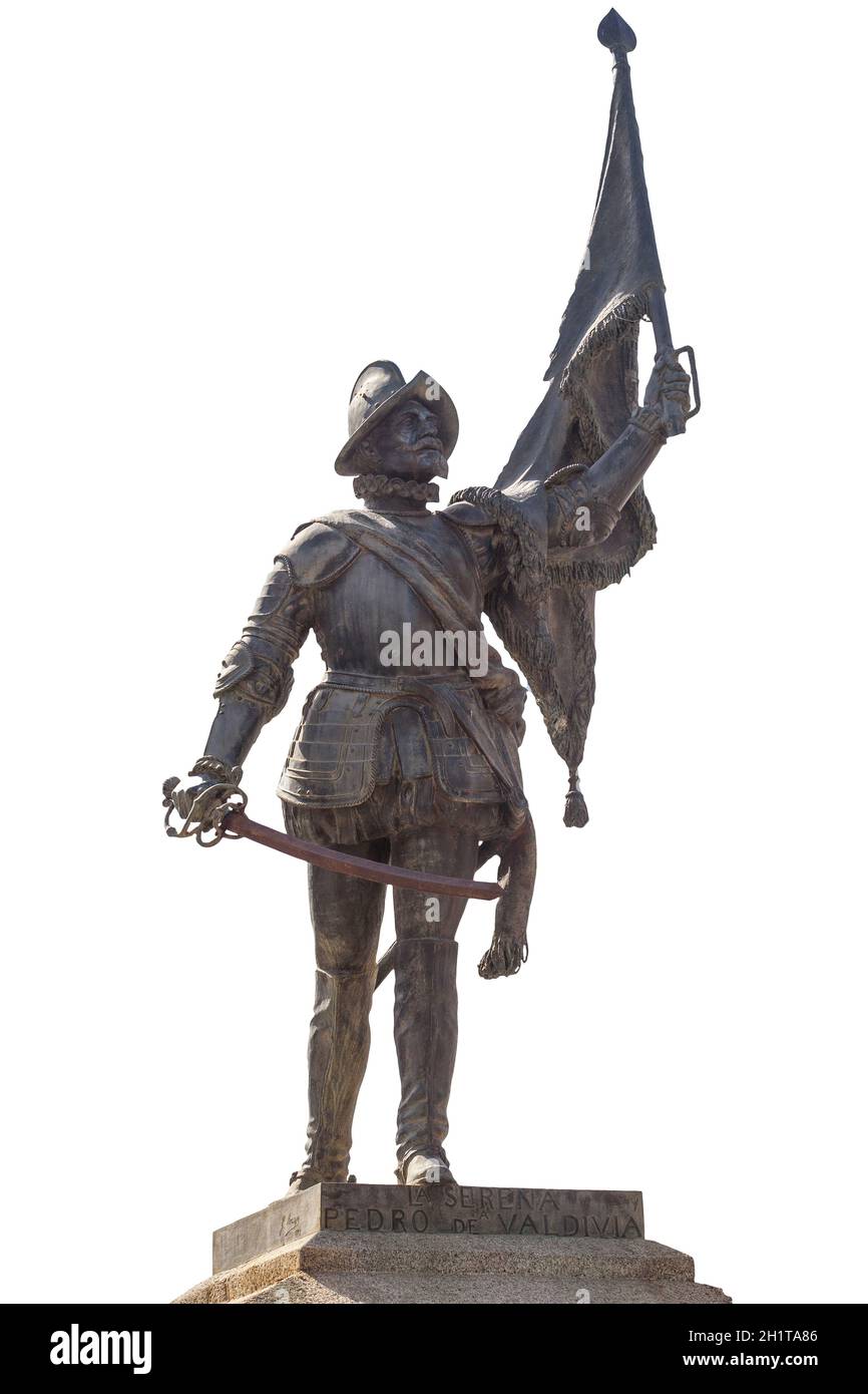 Pedro de Valdivia, Spanish conquistador and the first royal governor of Chile. Statue sculpted by Gabino Amaya in 1987. Villanueva de la Serena, Badaj Stock Photo
