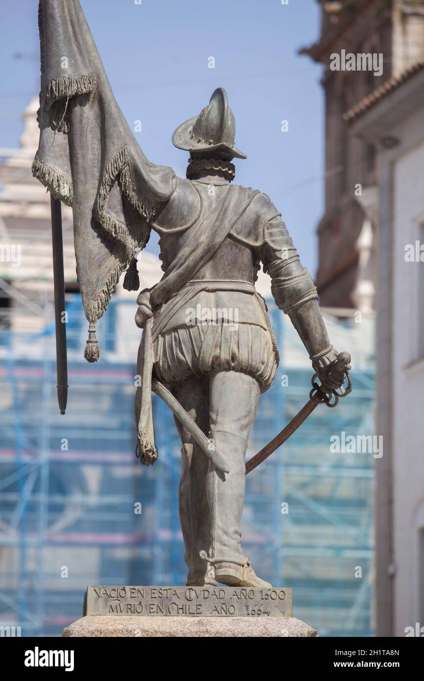 Villanueva de la Serea, Spain - April 4th, 2021:  Pedro de Valdivia, Spanish conquistador and the first royal governor of Chile. Statue sculpted by Ga Stock Photo