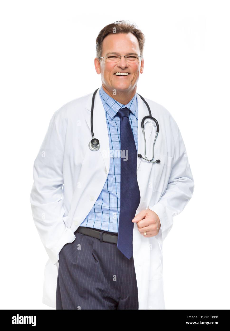 Handsome Smiling Male Doctor in Lab Coat with Stethoscope Isolated on a White Background. Stock Photo