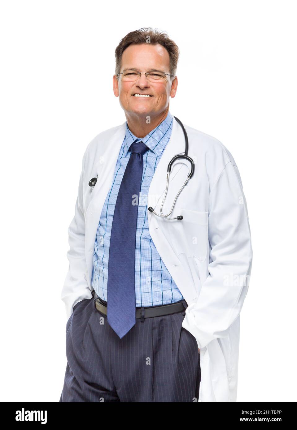 Handsome Smiling Male Doctor in Lab Coat with Stethoscope Isolated on a White Background. Stock Photo