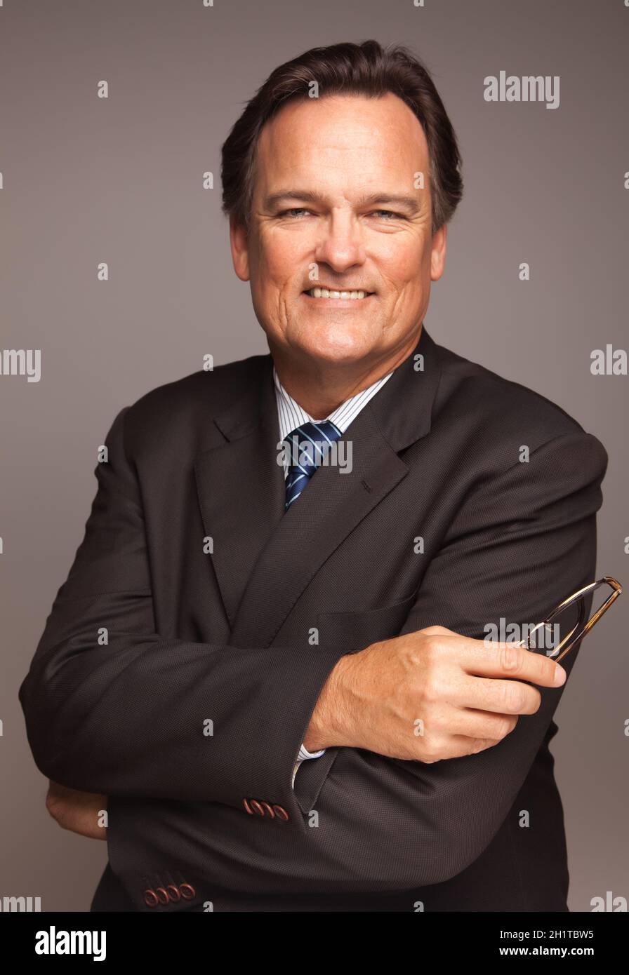 Handsome Businessman Smiling in Suit and Tie Isolated on a Grey ...