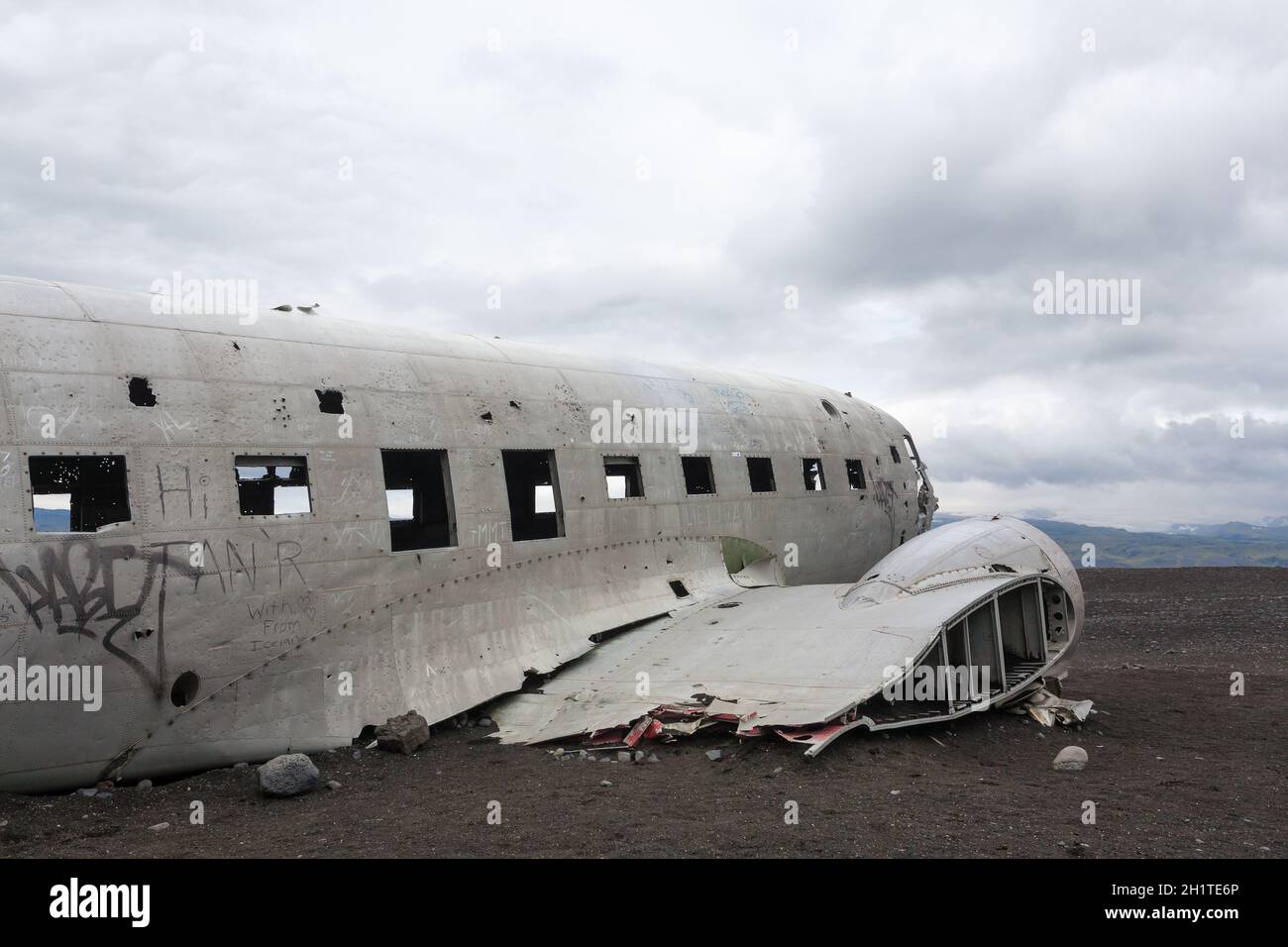 Solheimasandur plane wreck view. South Iceland landmark. Abandoned plane on beach Stock Photo