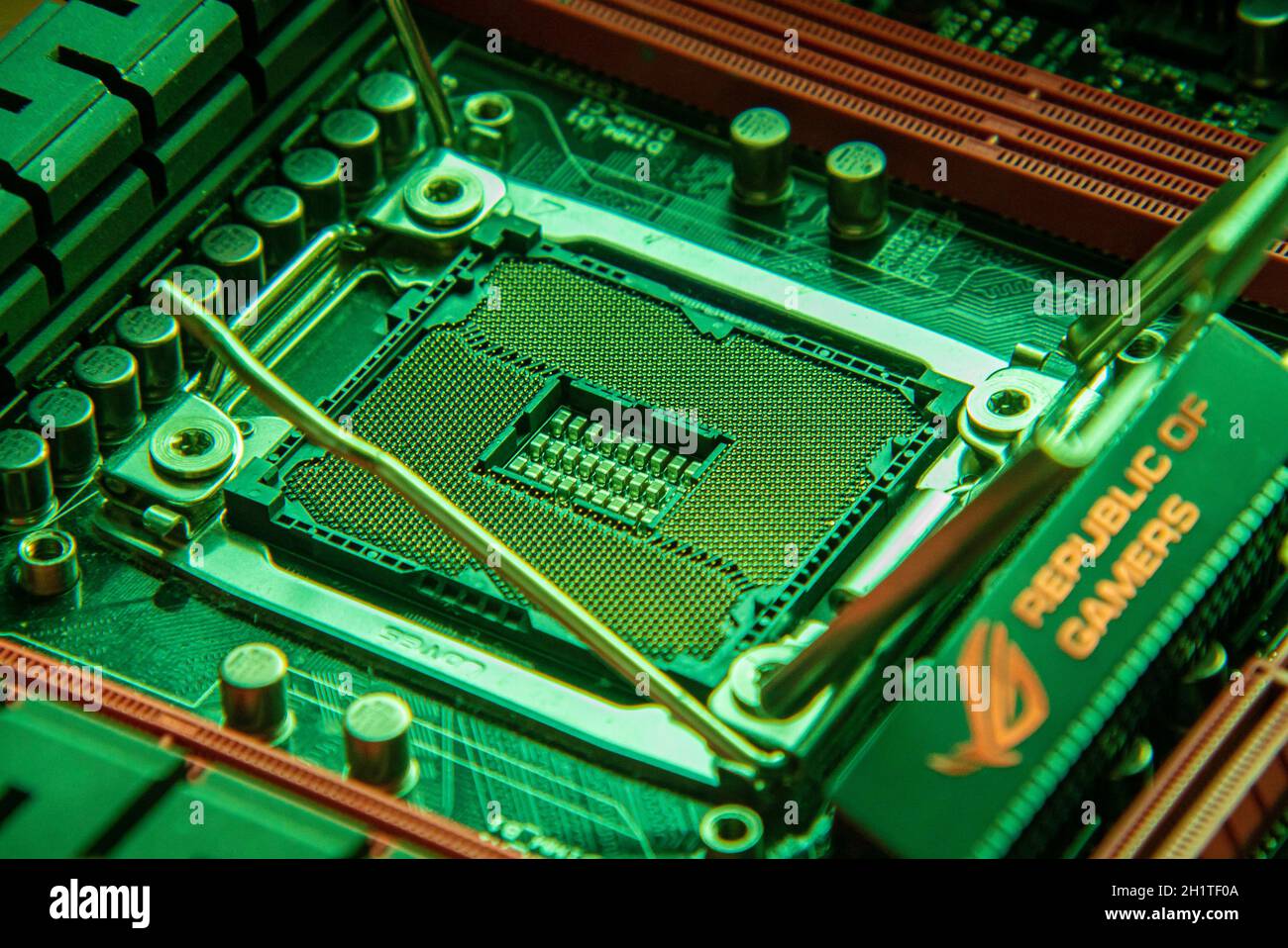 LOS ANGELES, USA 25 APRIL 2021: Detail of a Cpu socket in a motherboard ...