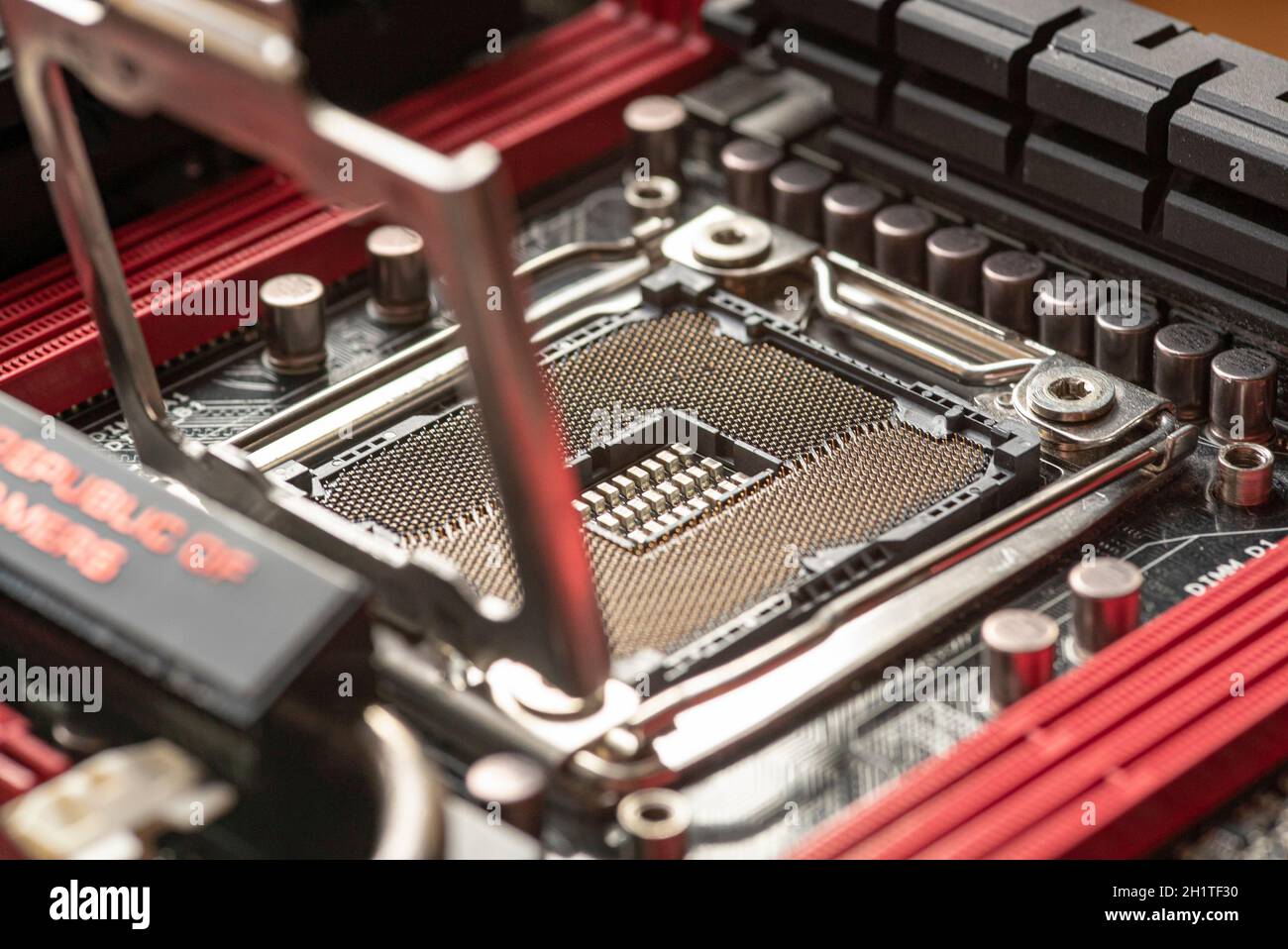 LOS ANGELES, USA 25 APRIL 2021: Detail of a Cpu socket in a motherboard of a gaming pc Stock Photo