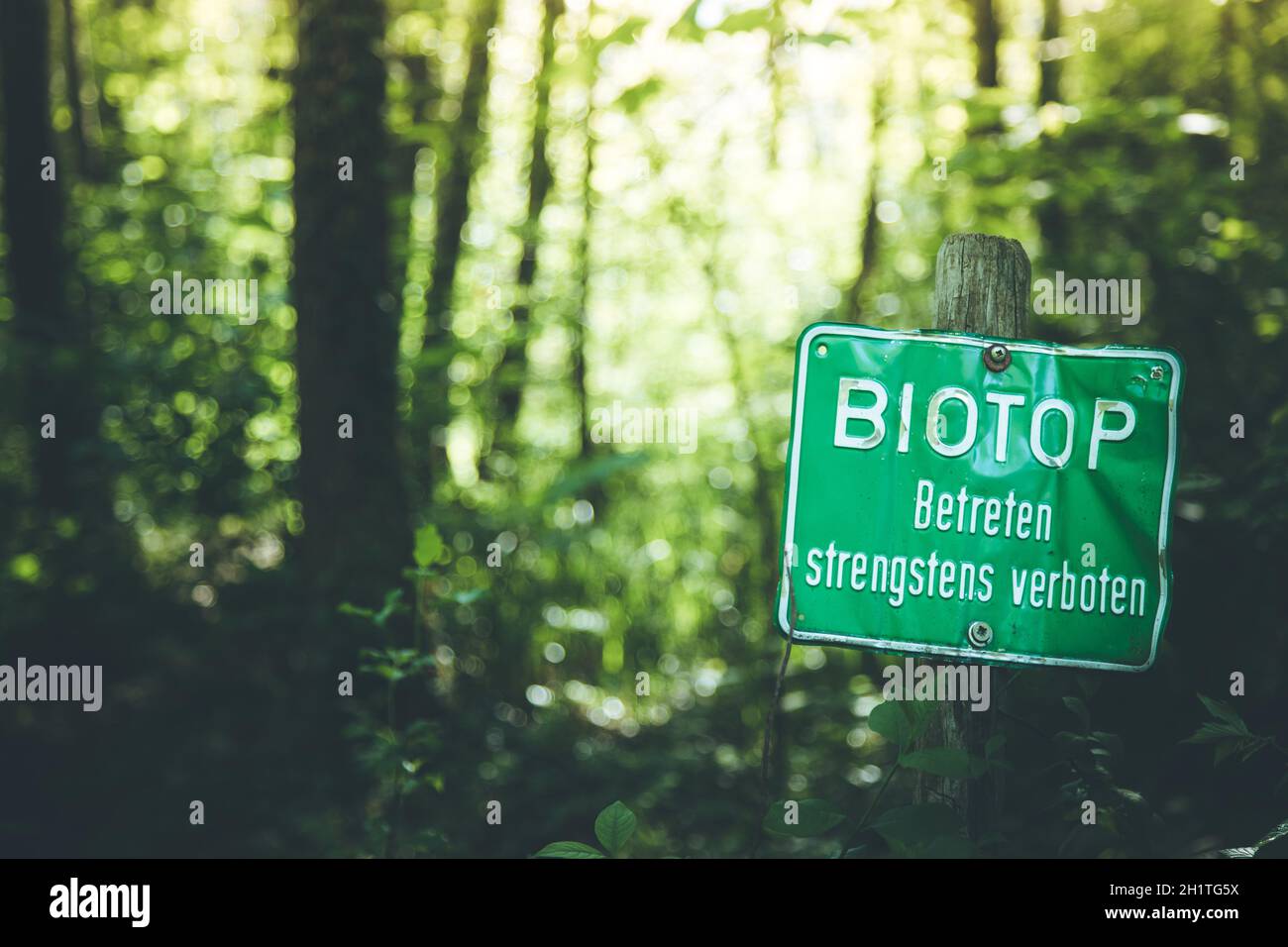 Nature reserve area in Germany. Sign with “Biotop. Betreten strengstens verboten”. Stock Photo
