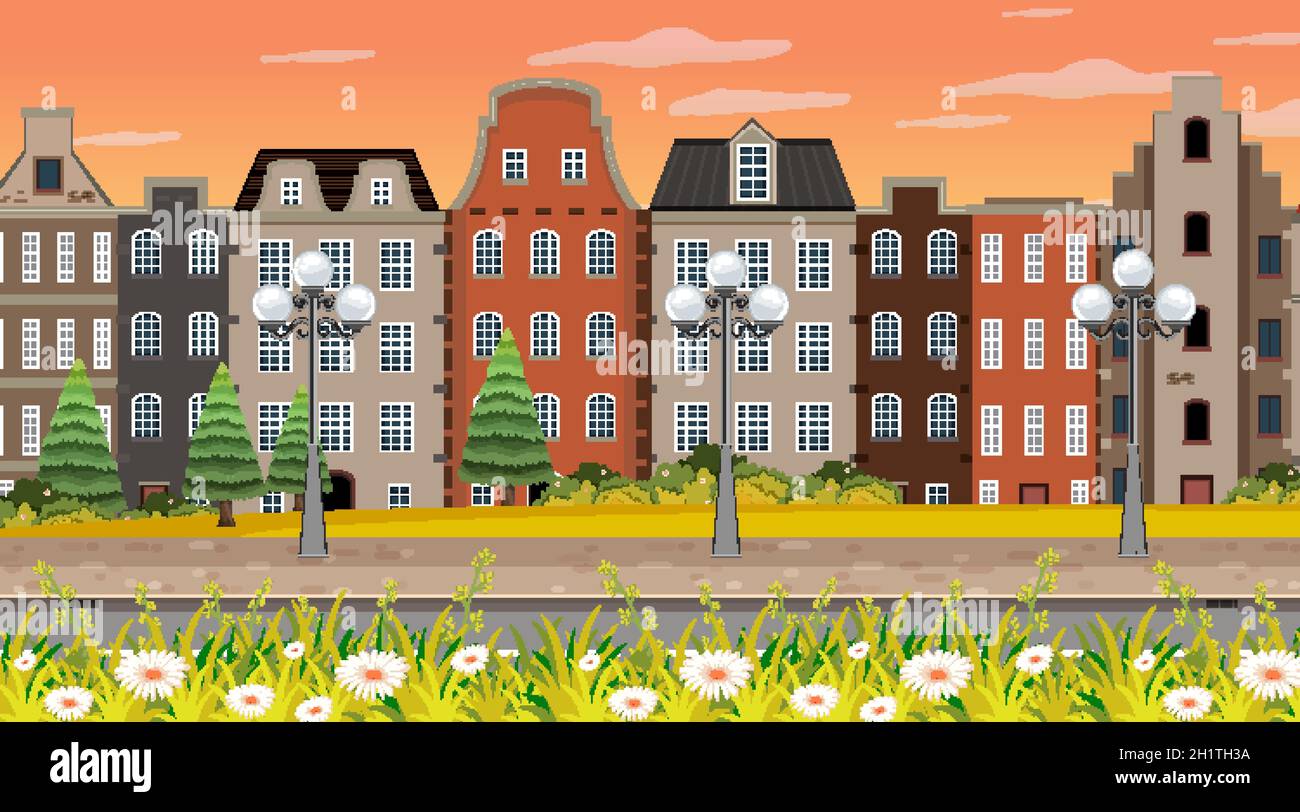 Scene with many buildings along the street illustration Stock Vector ...