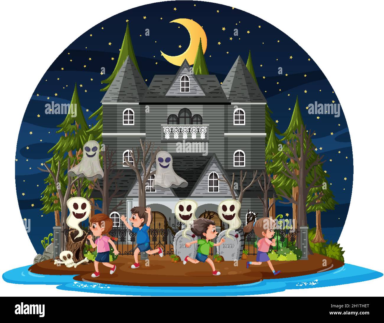 Haunted house at night scene illustration Stock Vector Image & Art - Alamy