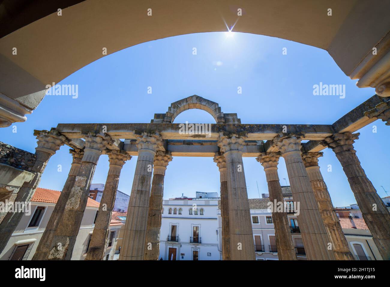 Merida, Spain - April 17th, 2021: Temple of Diana seen from Interpretation Centre upper floor, Merida, Extremadura, Spain. Best-preserved Roman temple Stock Photo