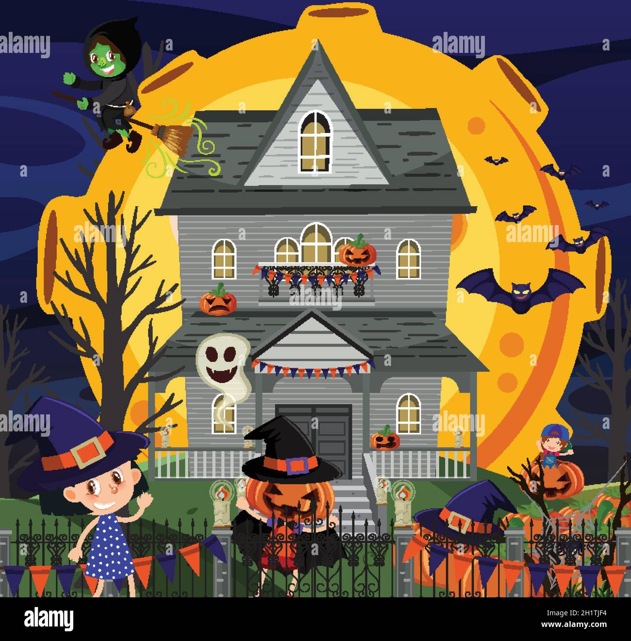 Haunted halloween mansion at night illustration Stock Vector Image ...