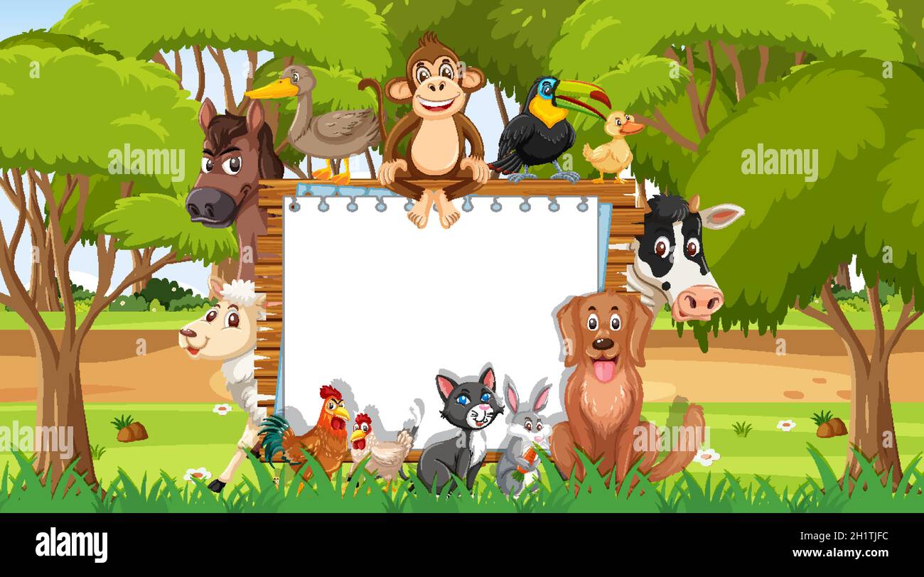 Empty wooden frame with various wild animals in the forest illustration ...