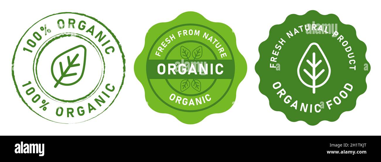 organic food stamp label design 100 percent organic natural in green color seal tag sticker design graphic isolated Stock Vector
