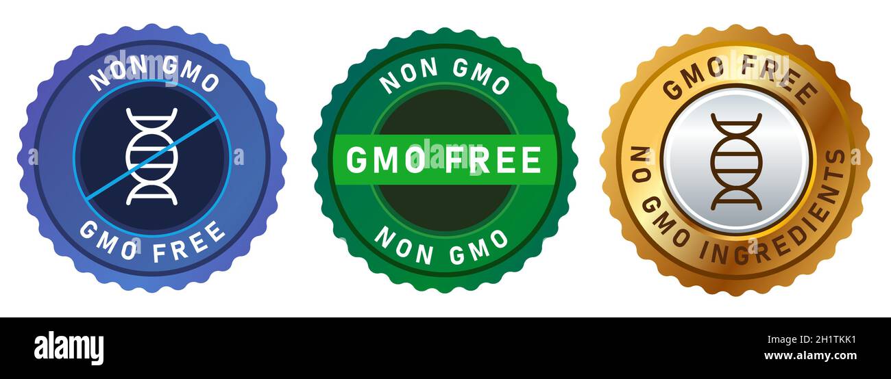 non GMO free no genetically modified organism set emblem sticker tag badge symbol in gold blue and green Stock Vector